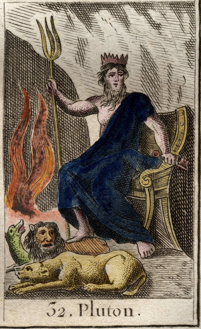 Representação de Plutão, deus do submundo, tem seus pés Cerbere, cão com três cabeças, guardião do submundo. (Plutão, deus do Inferno com Cérbero, cão com três cabeças). Da "Mitologia da Juventude", de Pierre Blanchard 1803. de French School