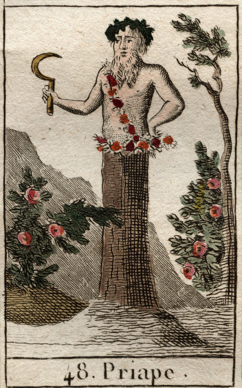 Representação de Priape, deus da libertinagem e da fertilidade, muitas vezes representa com um pênis gigante em ereção, segurando uma foice na mão. (Priapus, deus da fertilidade rústica, muitas vezes representado com um pênis permanentemente erecto, ele se de French School