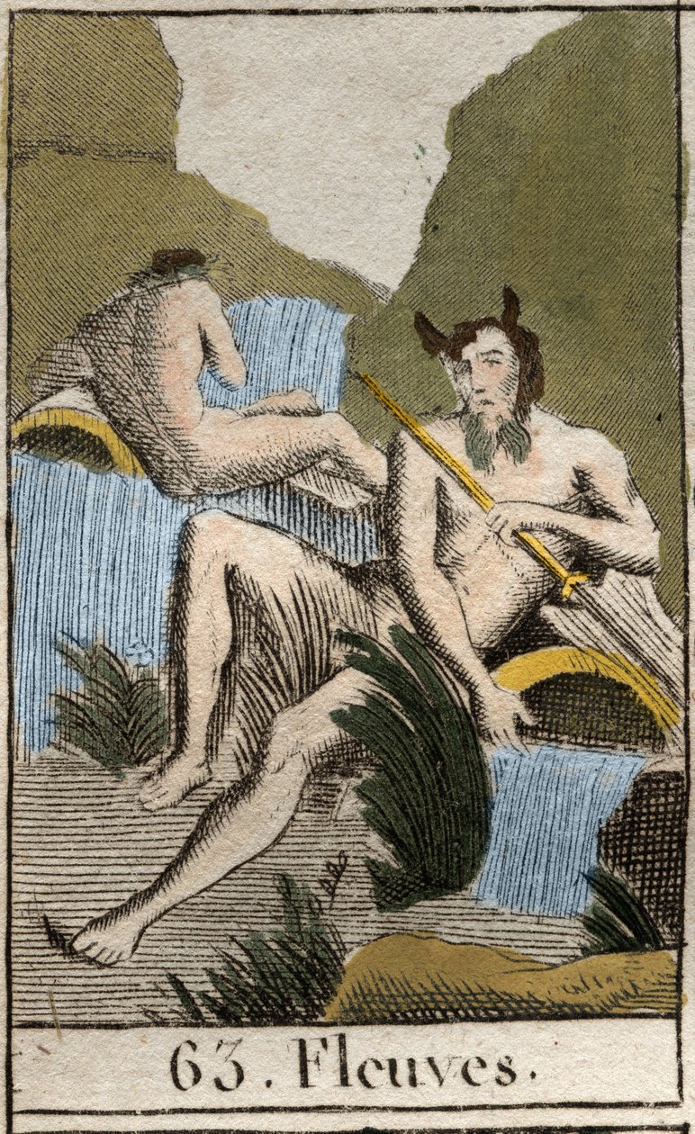Representação de Rios, homens velhos com barba e cabelo molhado, eles estão sentados perto de urna virada (Representação de Strams, homens velhos com barba e cabelo molhado e, eles estão sentados perto de urna virada). Da "Mitologia da Juventude" de Pierre de French School