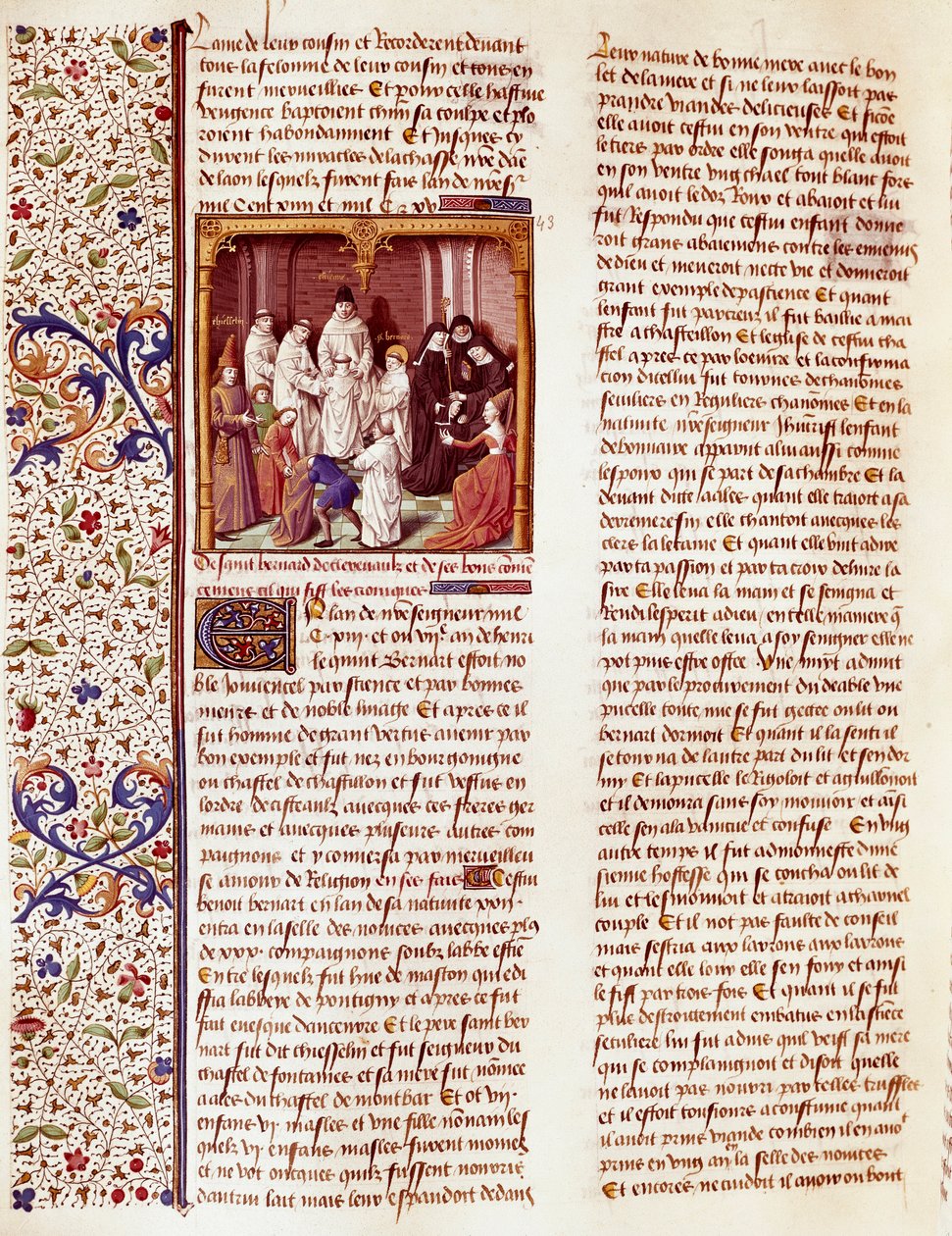 Representação de São Bernardo de Claraval (1090-1153) criança. Está no centro do quadro, com uma auréola sobre a cabeça. Miniatura em "Le miroir historial" (Speculum Historiale) (ms. 1196, fol. 372) de Vincent de Beauva de French School