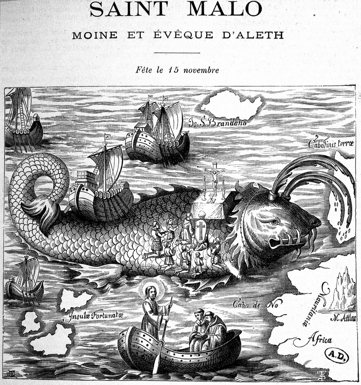 Representação de Saint Malo (Saint Maclou) no dorso de uma baleia representada no caminho de Saint Brendan (Brandan) por Clonfert ou Breanainn por Clonfert (ca. 484-577/578) - gravura de French School