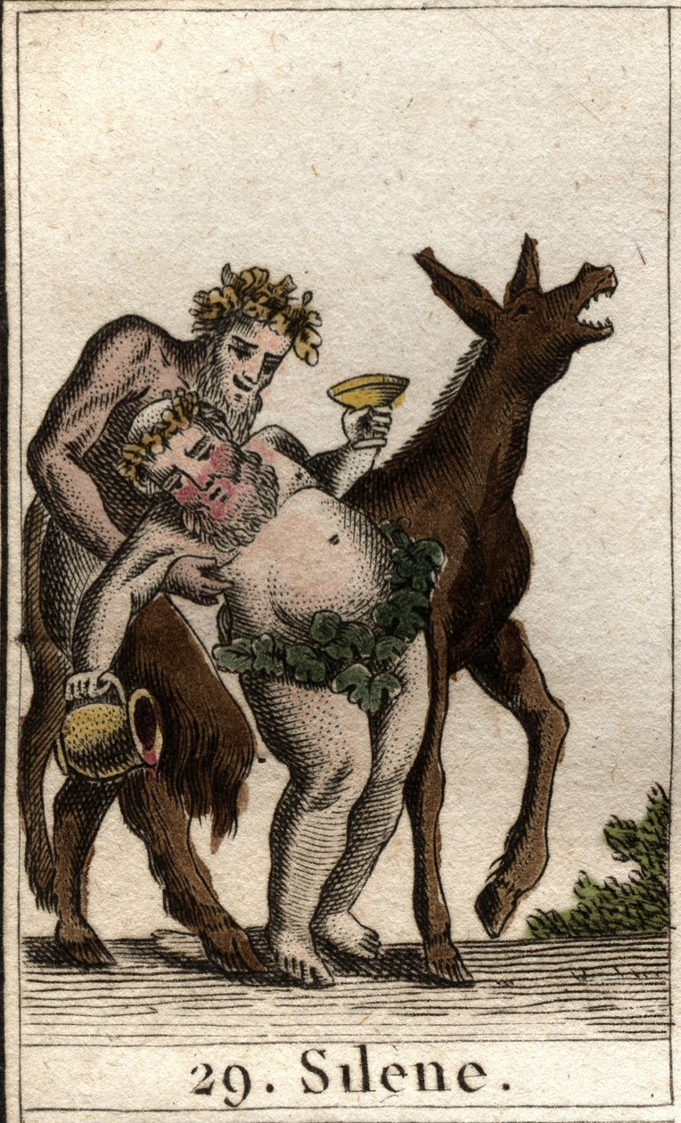 Representação de Silene, companheira de Baco, bêbada, apoiada por um sátiro. (O amigo de Baco Silenus, bêbado, apoiado por um jovem sátiro). Da "Mitologia da Juventude", de Pierre Blanchard 1803. de French School
