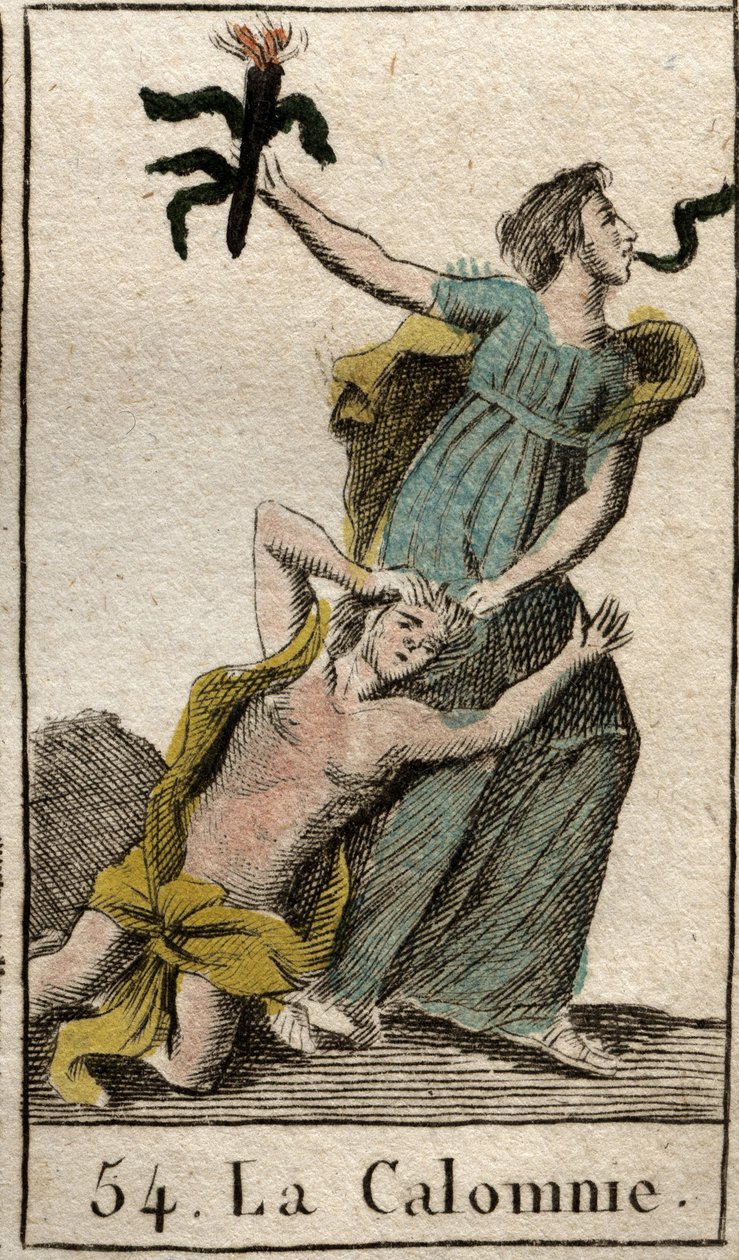 Representação de Slander, caminhando enquanto arrastava a mãe pela inveja, uma cobra sai de sua boca. (Representação de Calumny, filha da inveja que ela desenha pelos cabelos, uma cobra sai pela boca) de "Mythologie de la jeunesse", de P de French School