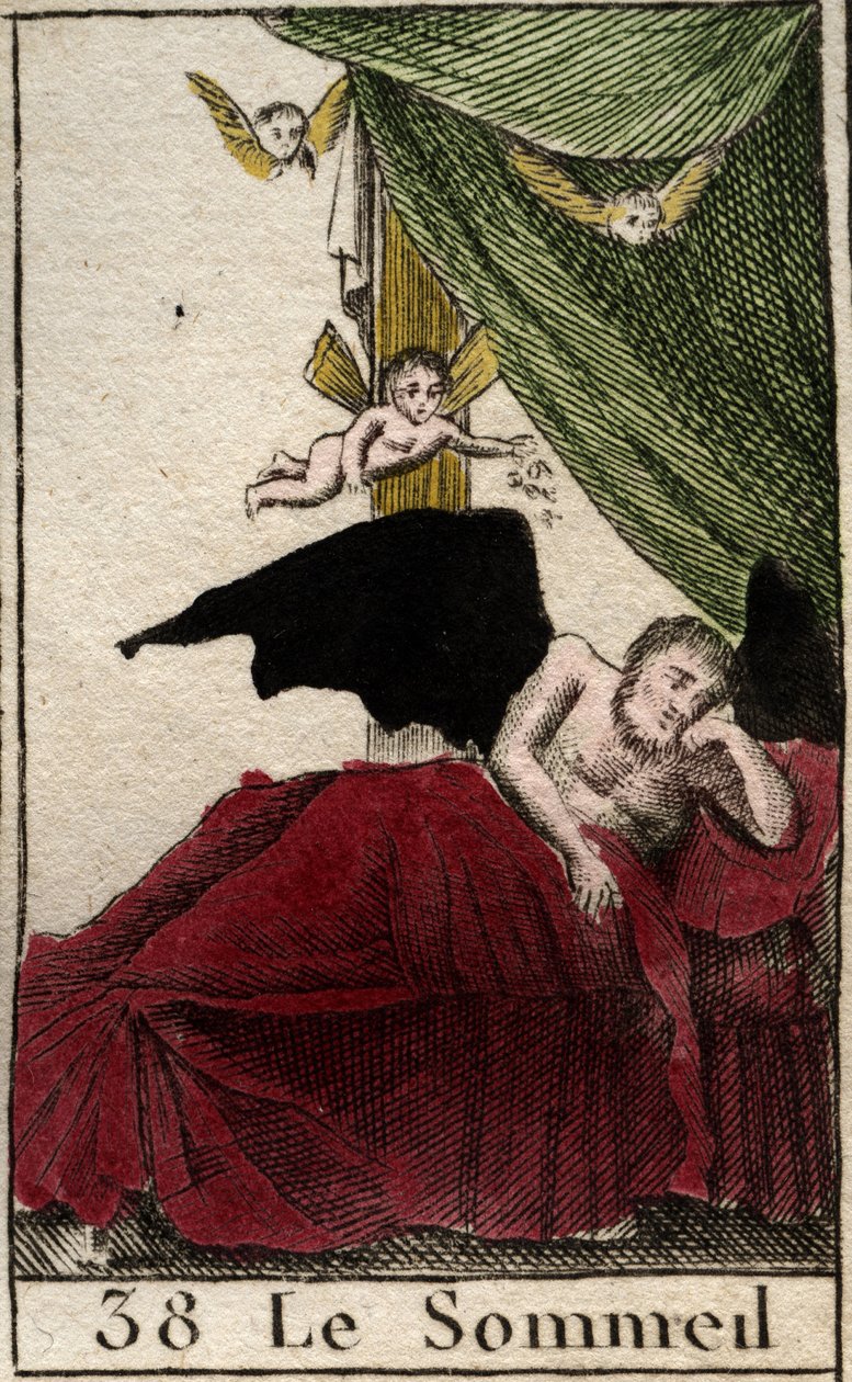 Representação do Sono, descansando eternamente em um palácio, perto das asas dos sonhos. (Somnus, deus do sono, dorme num palácio rodeado de sonhos alados) De "Mythologie de la jeunesse", de Pierre Blanchard 1803. de French School