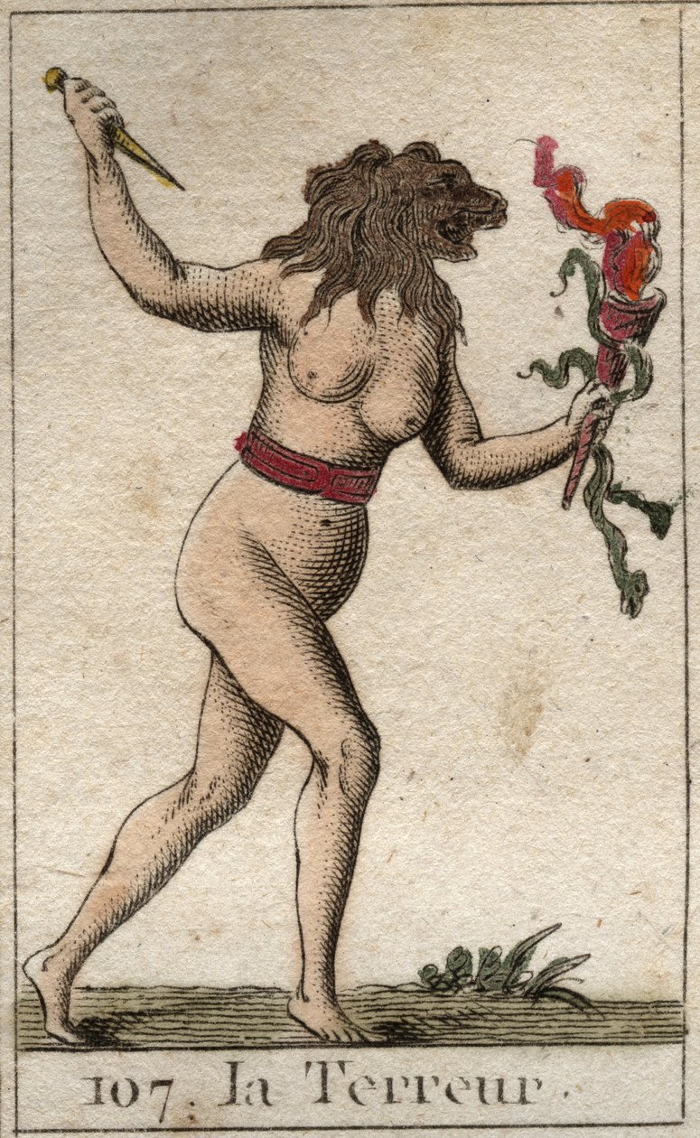 Representação do Terror, como uma mulher com cabeça de leão, segurando uma faca e cobras. Da "Mitologia da Juventude", de Pierre Blanchard 1803. de French School