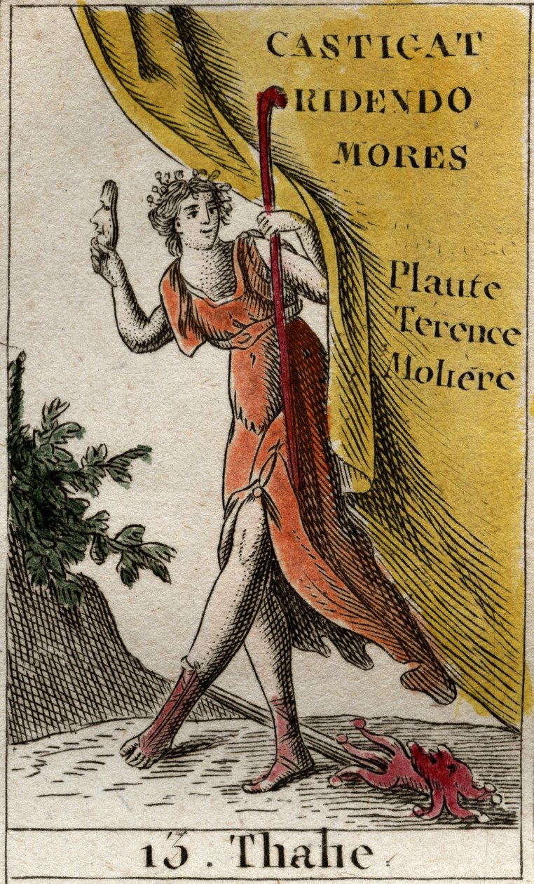 Representação de Thalie, musa da comédia e da poesia idílica, representando coroada com hera, usando botas, segurando uma máscara cômica na mão e um cajado de hera. De "Mitologia da Juventude", de Pierre Blanchard 1803. de French School