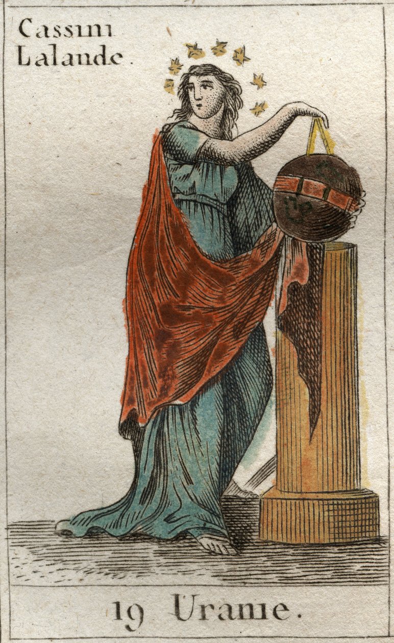 Representação de Urania, musa da astronomia e da astrologia, ela detém um globo e um compasso. Da "Mitologia da Juventude", de Pierre Blanchard 1803. de French School