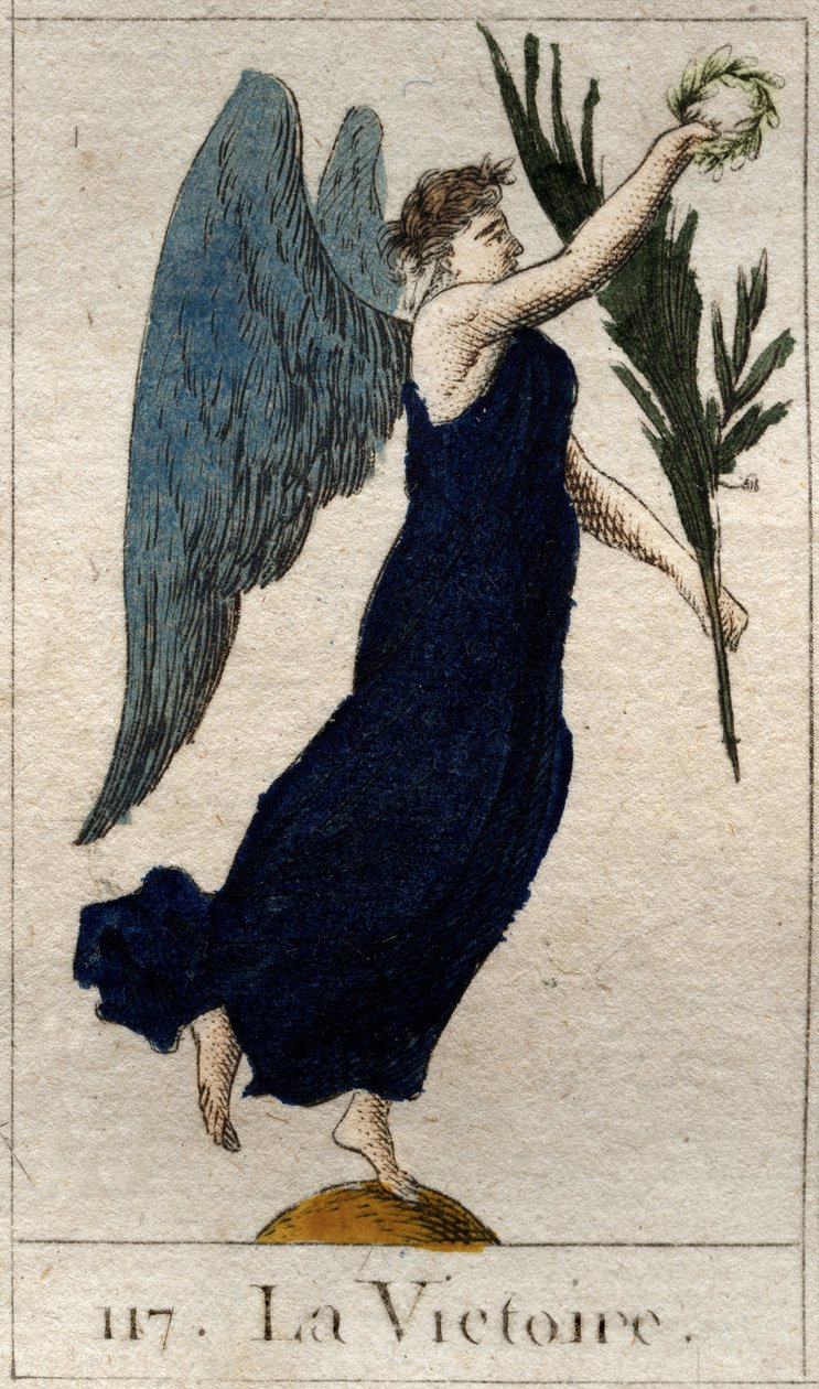 Representação da Vitória, mulher ailee segurando um ramo de oliveira e uma grinalda de louros. (A Vitória, como mulher alada, ela segura um ramo de oliveira e uma coroa de louros). Da "Mitologia da Juventude" de Pierre Blanchard 1803. de French School
