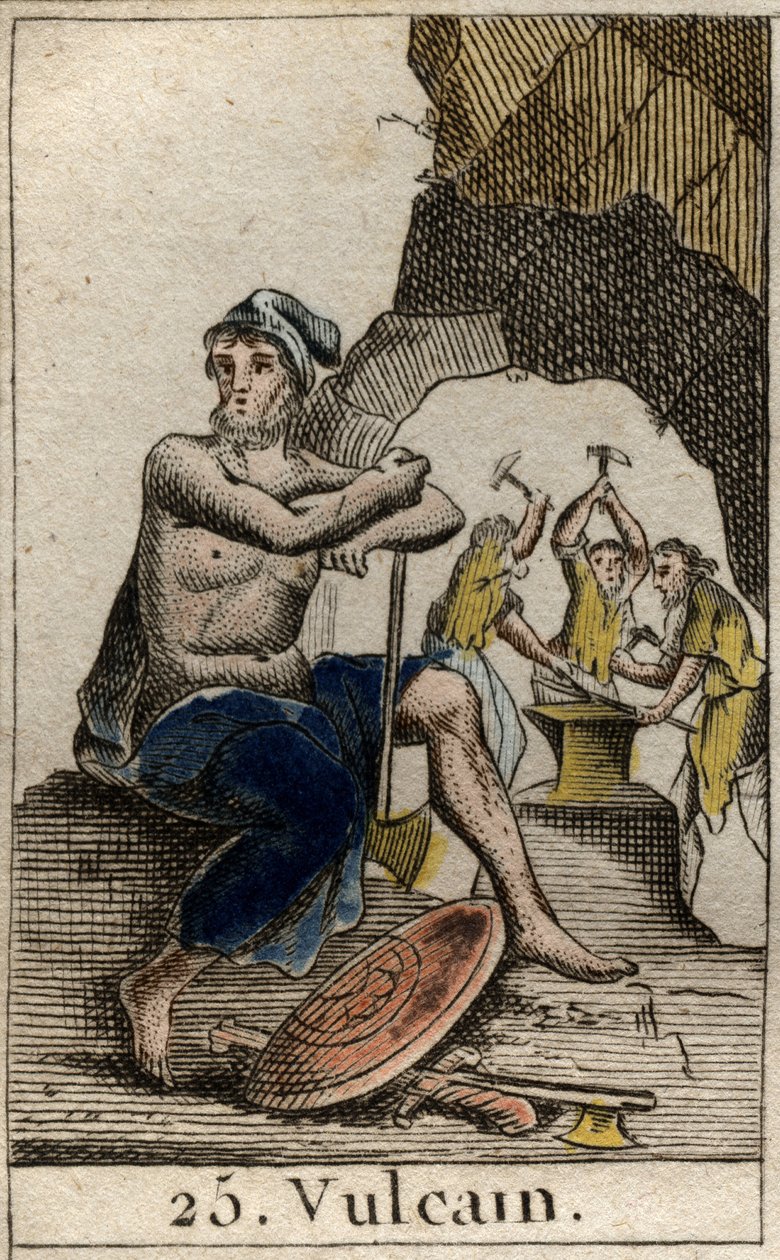 Representação de Vulcano, deus do fogo, forja e vulcões. (Vulcano, deus do fogo e dos vulcões). Da "Mitologia da Juventude" de Pierre Blanchard 1803. de French School