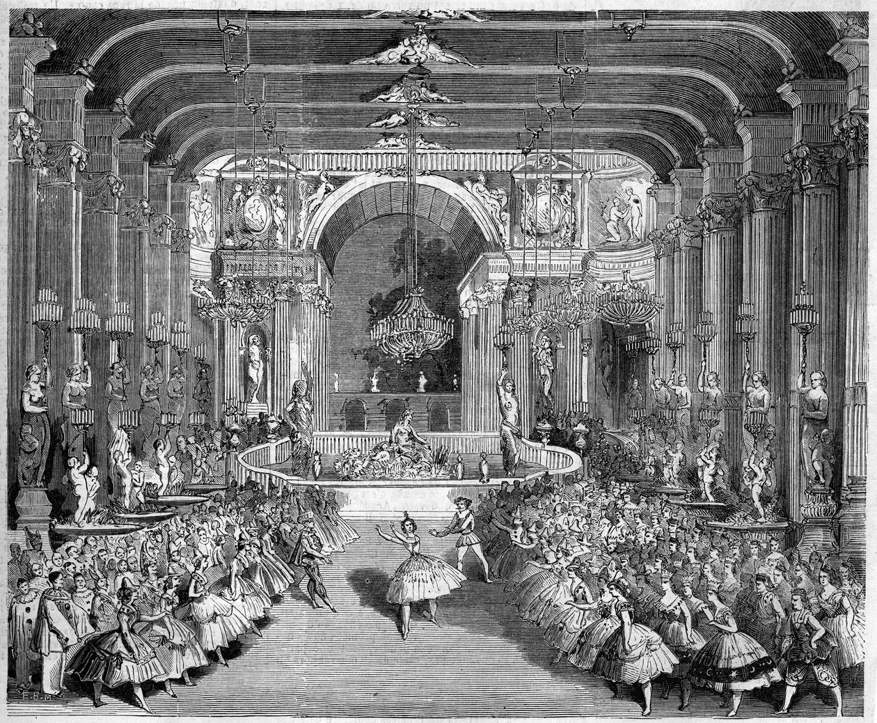 Representação de um ballet: o Casino de Messina, cenografia do primeiro acto de "A Estrela de Messina" numa música de Nicolo Gabrielli (1814-1891). Decoração realizada por Edouard Desplechin. Paris, Teatro de l