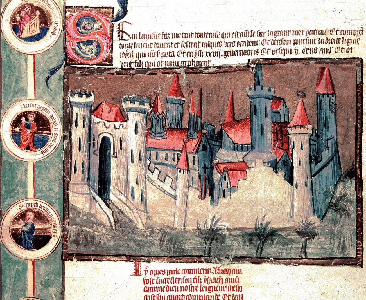 Representação de uma cidade fortificada na região de Estrasburgo. Miniatura sobre pergaminho "Genealogia da Bíblia" (ms.199) Cremone do século XIV, Biblioteca Governativa de French School
