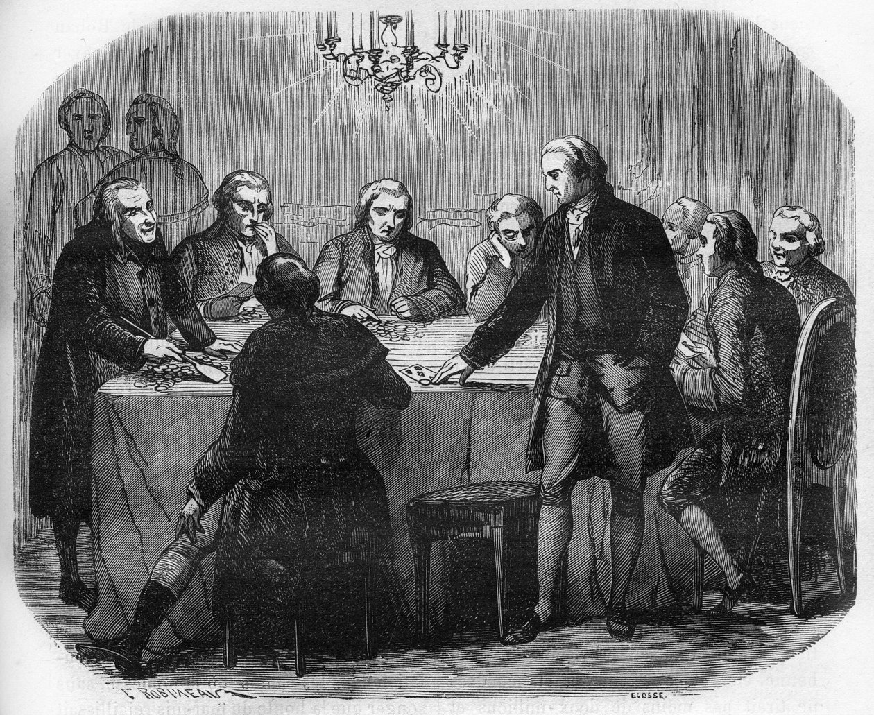 Representação de uma casa de jogo sob Louis XV. Gravação em "A história da prostituição e do deboche entre todos os povos do mundo desde a antiguidade até os dias de hoje" pelo Dr. Th. -F. Debray de French School