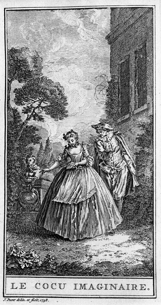 Representação de uma cena da peça "Sganarelle ou le cuckold imaginaire" (1660) de Jean Baptiste Poquelin dit Moliere (1622-1673). Gravura de 1738. de French School