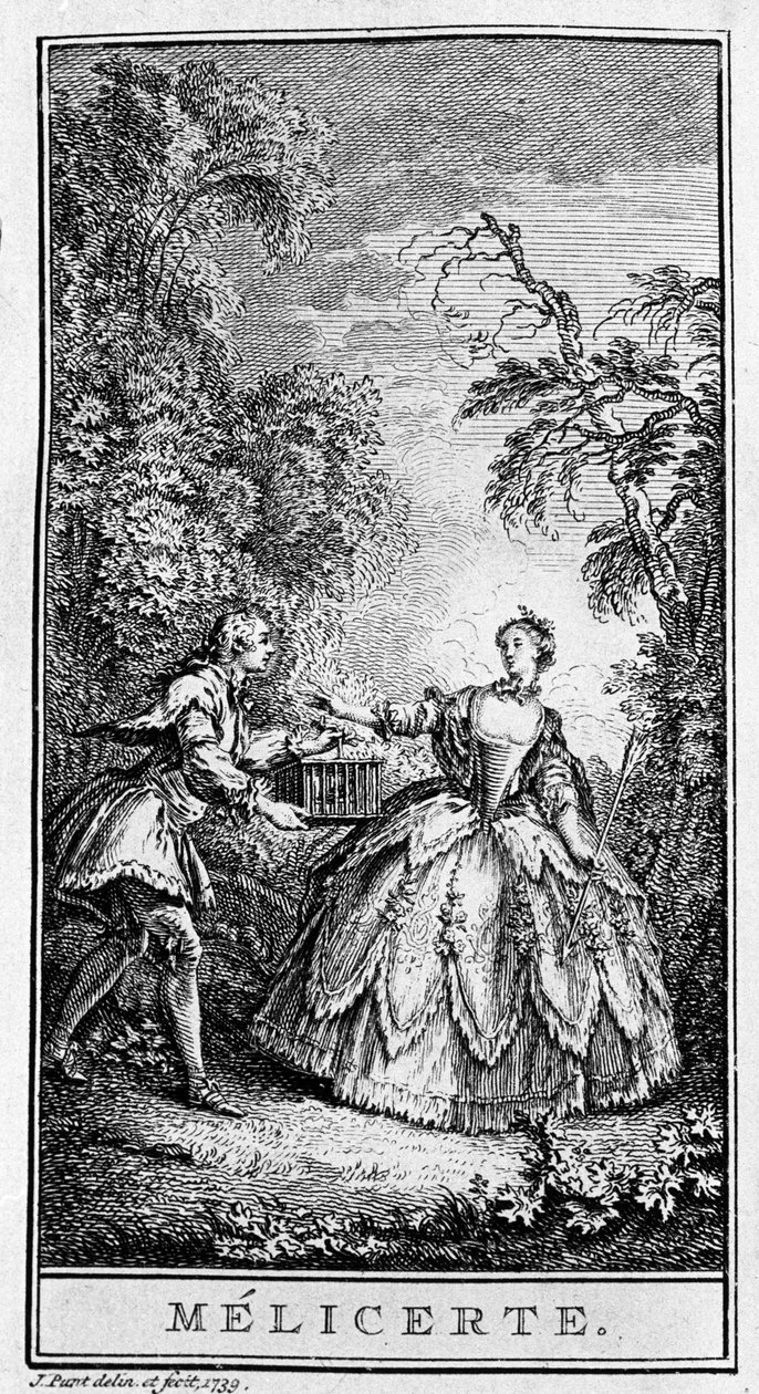 Representação de uma cena da peça "Melicerte" (1666) de Jean Baptiste Poquelin dit Moliere (1622-1673). Gravura a partir de 1739. de French School