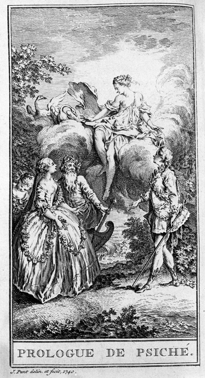 Representação de uma cena da peça "Prologue de Psyche" de Jean Baptiste Poquelin dit Moliere (1622-1673). Gravação a partir de 1740. de French School