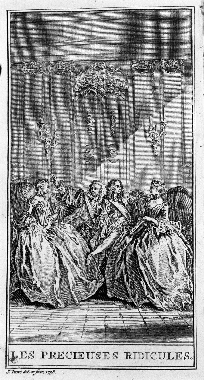 Representação de uma cena da peça "os preciosos ridículos" (1659) de Jean Baptiste Poquelin dit Moliere (1622-1673). Gravura a partir de 1738. de French School
