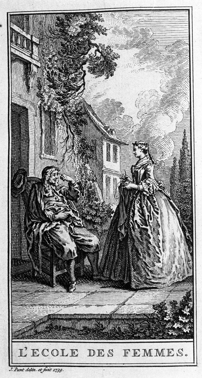 Representação de uma cena da peça "A escola das mulheres" (1662) de Jean Baptiste Poquelin dit Moliere (1622-1673). Gravura a partir de 1739. de French School