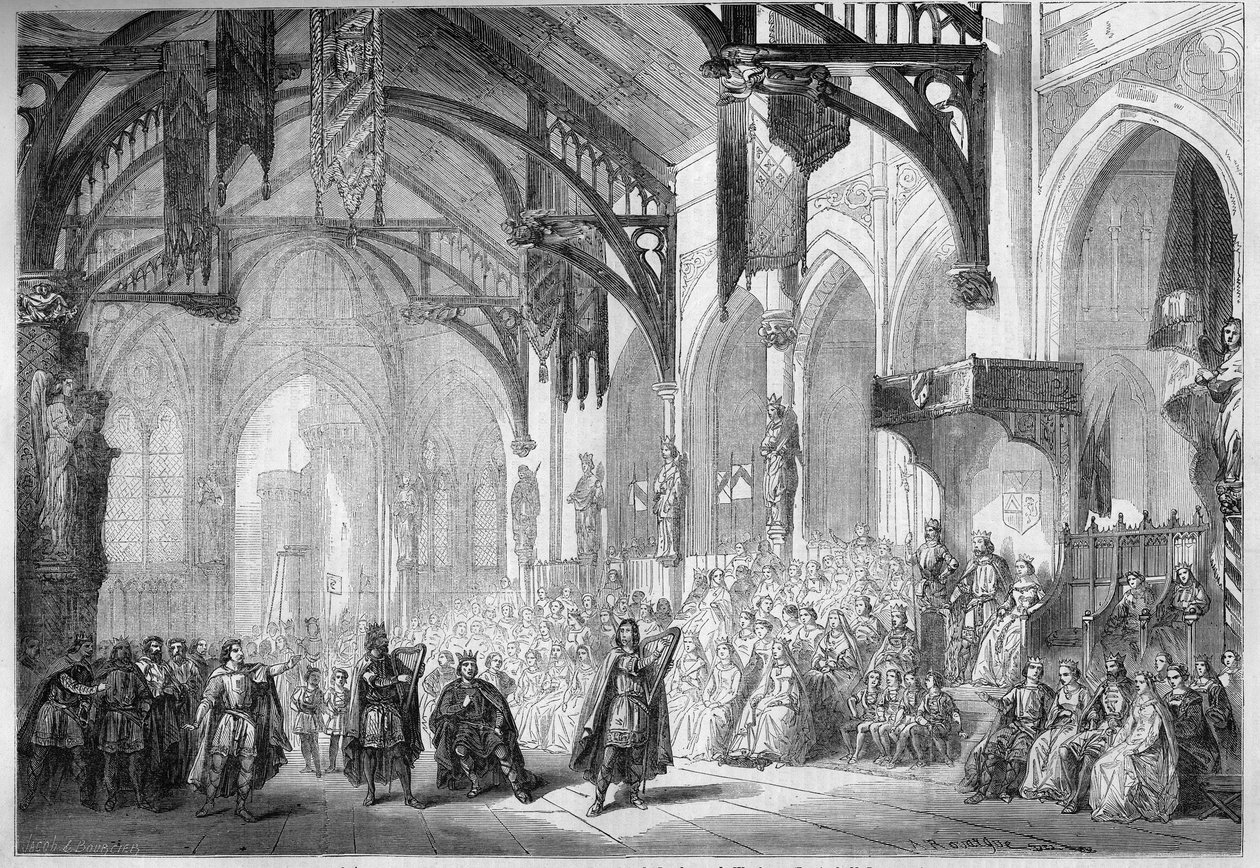 Representação de uma ópera: Palácio Landgrave em Wartburg. Cenografia do Acto II de "Tannhauser" de Richard Wagner (1813-1883). Ópera de Paris de French School