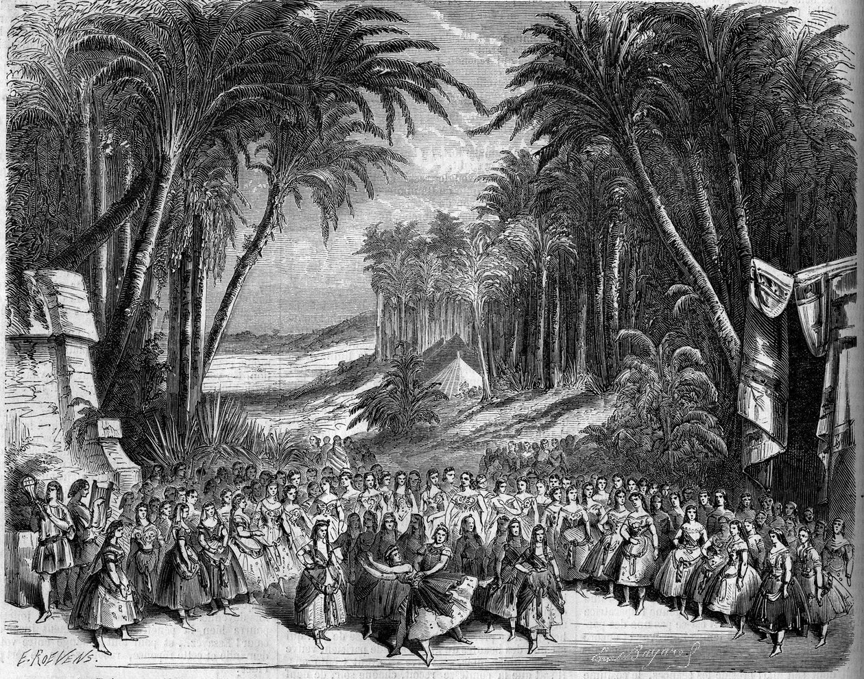 Representação de uma ópera: Cenografia do Acto II de "A Rainha de Saba" num libreto de Michel Carre (1819-1872) e Jules Barbier (1822-1901) e uma música de Charles Gounod (1818-1893). Paris, Teatro de l