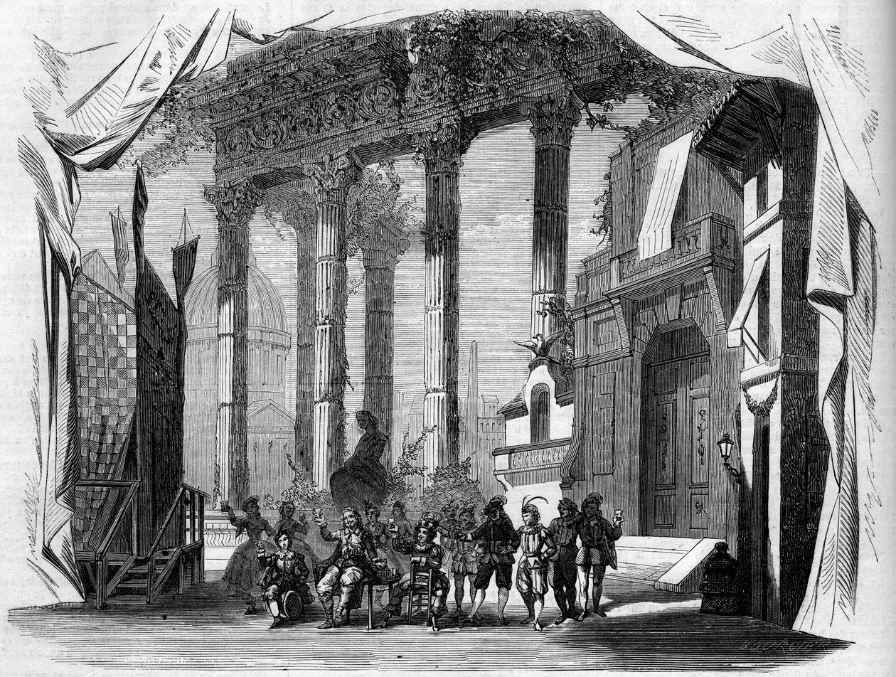 Representação de uma ópera: Cenografia do Acto I de "Salvador Rosa" após um libreto de Henry Trianon (1811-1896) e Eugene Grange (1810-1887), e uma música de Jules Laurent Duprato (1827-1892). Paris, Ópera Comique de French School