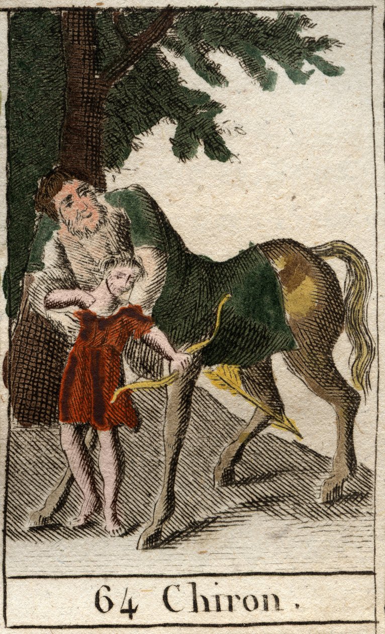 Representação do centauro Chiron, meio homem meio cavalo, mestre do tiro com arco e flecha, ele ensina esta arte em Aquiles. (Representação do centauro Quíron (Cheiron ou Kheiro), meio homem meio cavalo, meio cavalo humano. Ele ensina ao jovem Achille a ar de French School