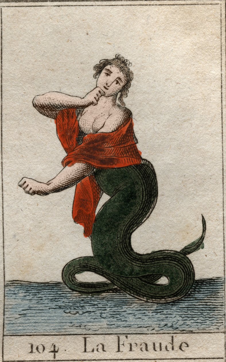 Representação de trapaça (desonestidade), como uma serpente perigosa com uma cabeça de mulher sorridente). De "Mythology of Youth" de Pierre Blanchard 1803. de French School