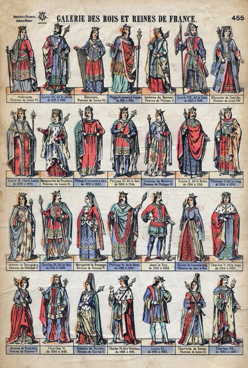 Representação de reis e rainhas de França da dinastia Capetian (de Luís VII a Carlos VIII). Ilustração de finais do século XIX. de French School