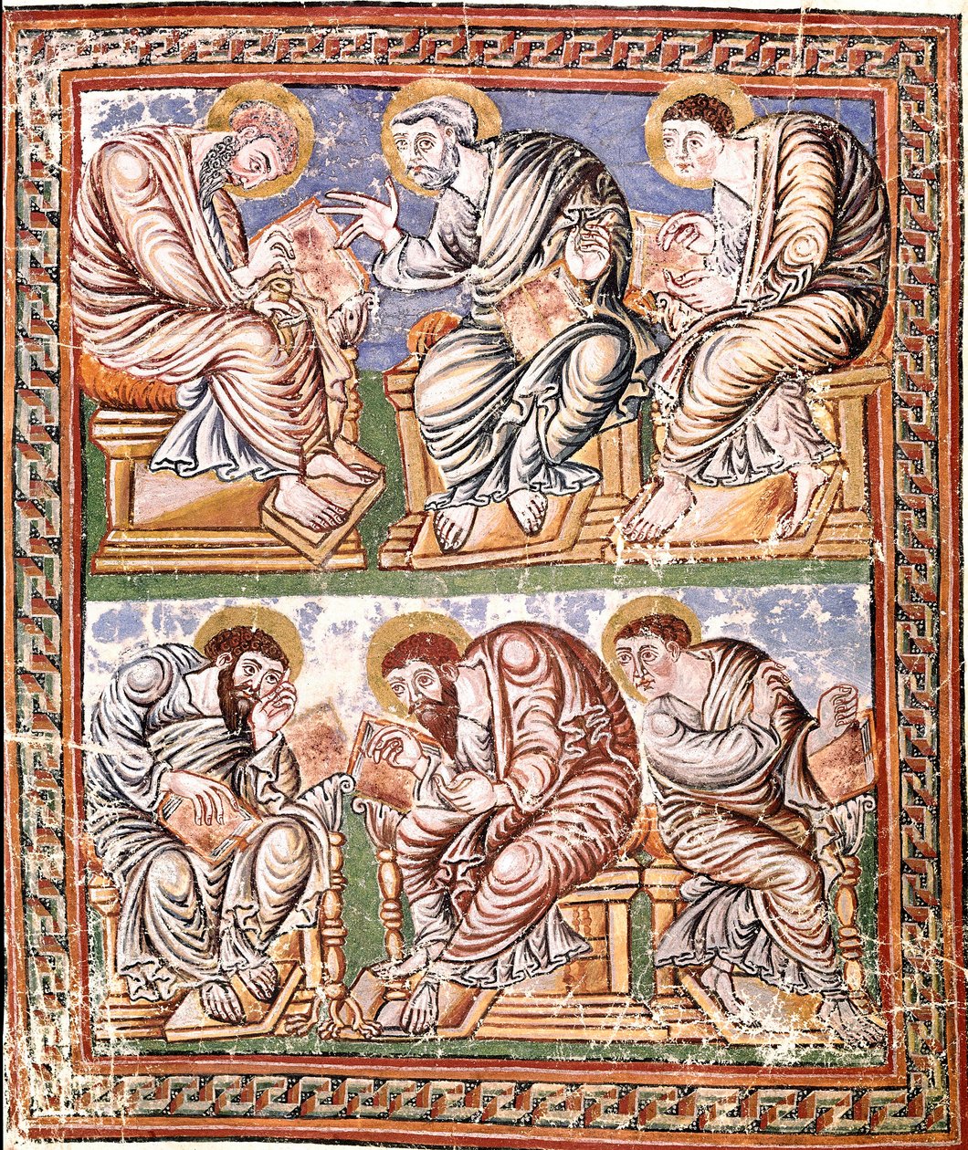 Representação de seis apotres miniatura carolíngia da escola de Reims extraída da "Collectio Canon Hadriana" (Ms A-5 f. 14 v) (provável coleção de decretales redigida por Incmar de Reims) Final do século IX Biblioteca Vallicelliana Roma de French School