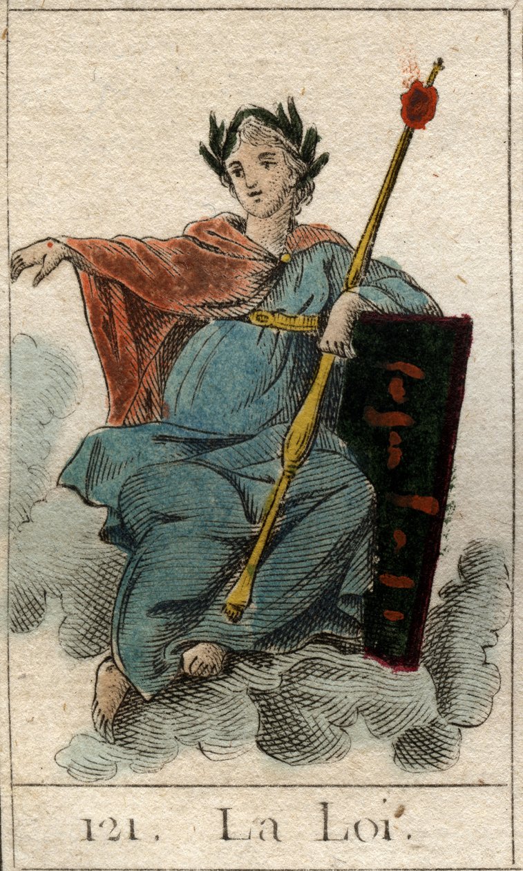 Representação da Lei como uma mulher segurando um ceptro. (A Lei como uma mulher jovem, segurando um ceptro). Da "Mitologia da Juventude", de Pierre Blanchard 1803. de French School