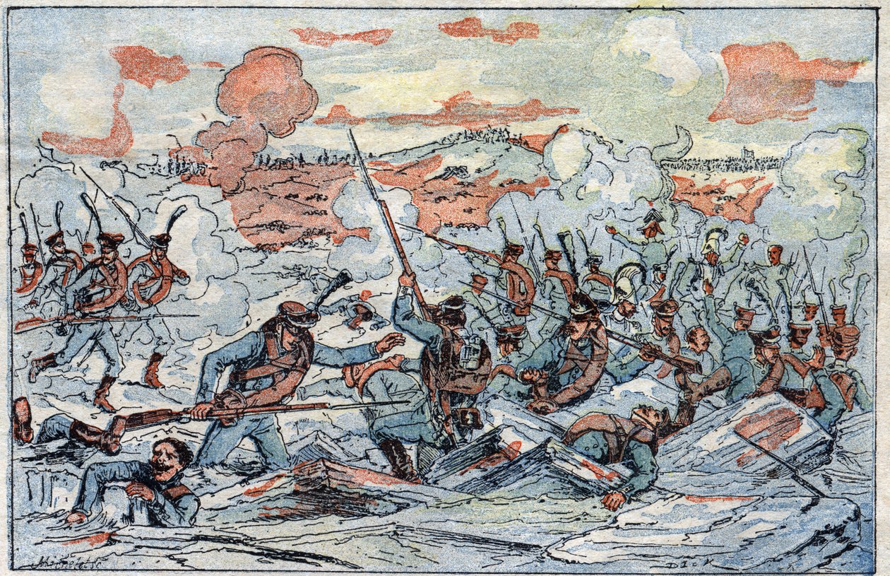 Representação da Batalha de Austerlitz, ou Batalha dos Três Imperadores, em 12-02-1805. de French School