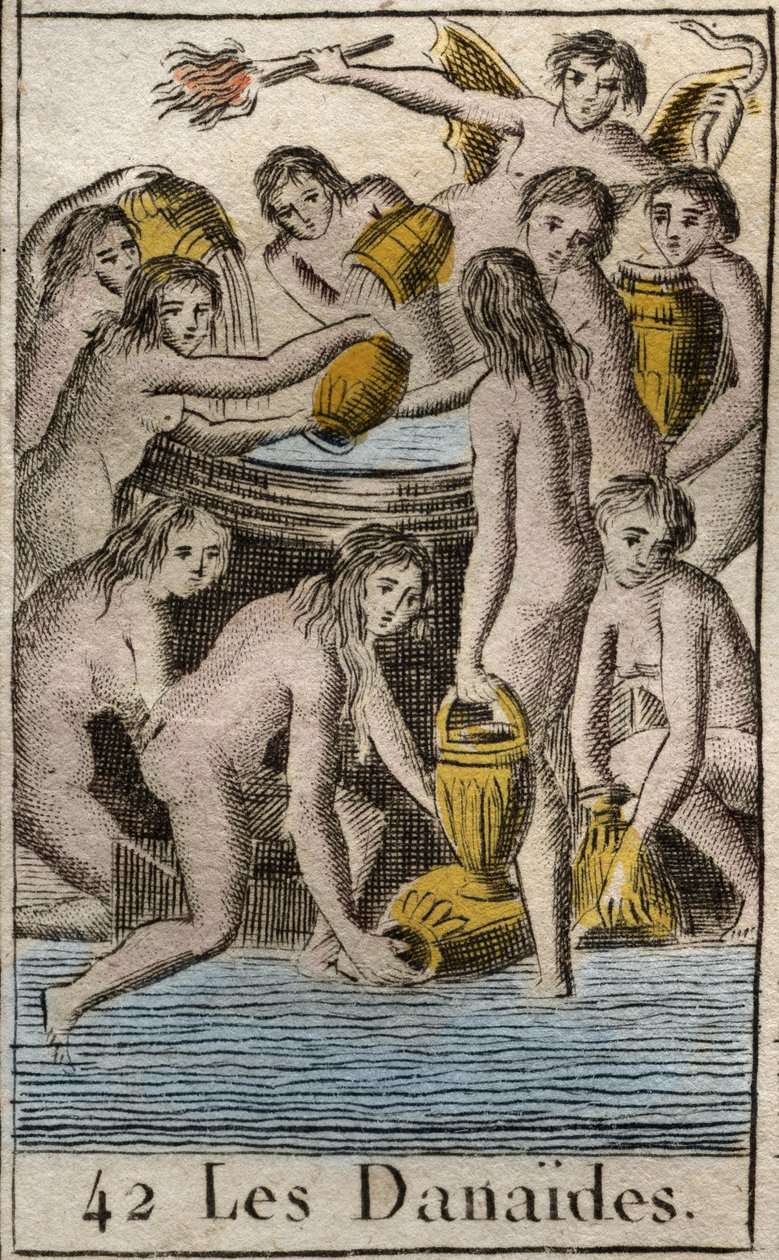Representação dos Danaides, filhas do Rei Danaos, condenadas ao submundo, enchendo um barril sem fundo, por matarem seus primos e maridos. (Os Danaides, filhas de Danaus (ou Danaos) punidos pelos Deuses no Tártaro para carregar um de French School