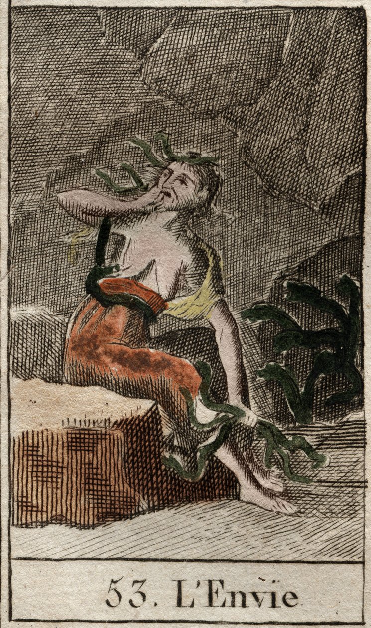 Representação da inveja, encarnada por uma mulher montada segurando cobras enquanto outra mulher come seu peito. (Representação da Inveja (ou inveja) como uma mulher velha, segurando cobras enquanto outra come seu peito) de "Mythologie de la jeunesse" por de French School