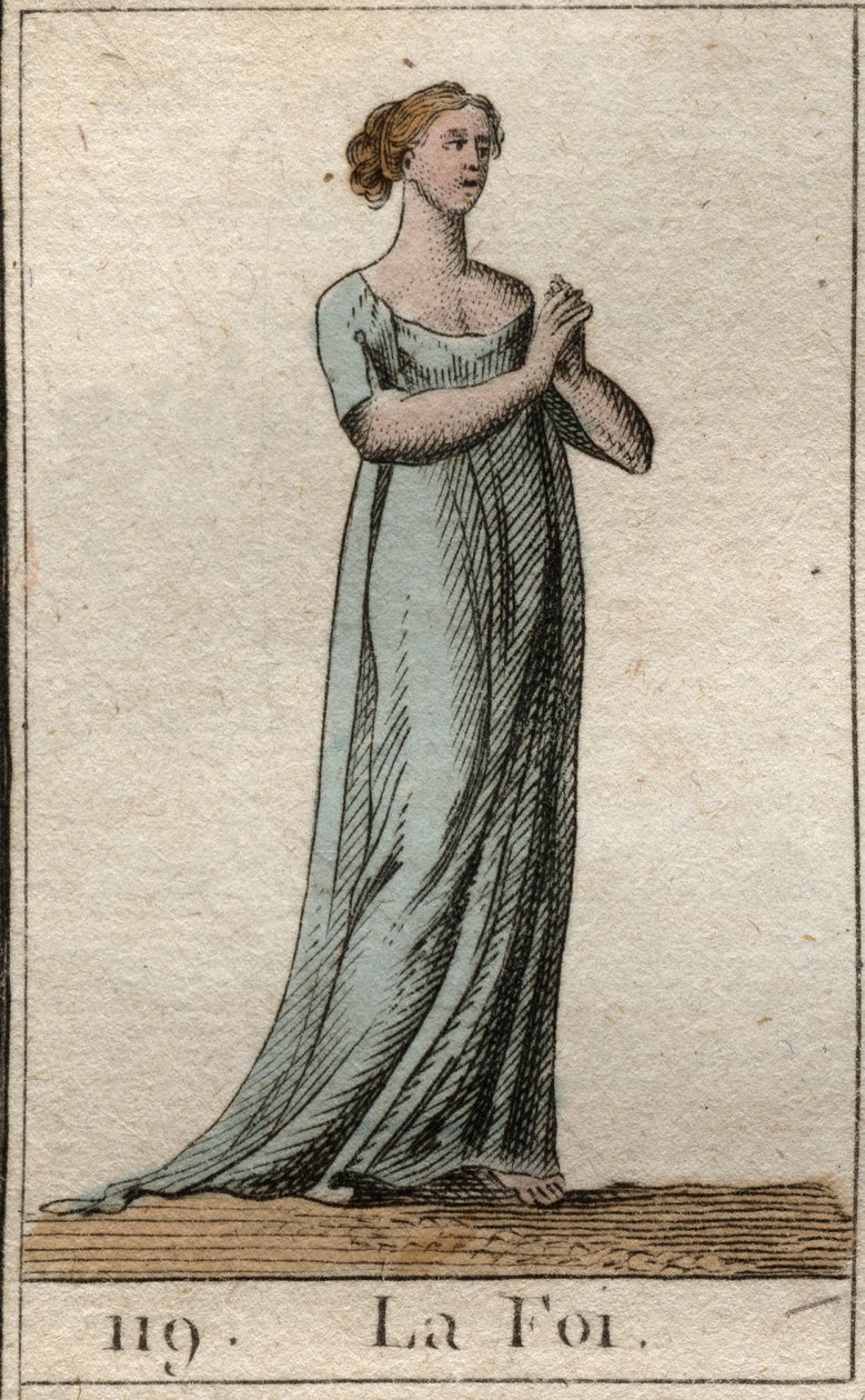 Representação da Fé, mulher vestida de branco com as mãos juntas. (A Fé como uma mulher jovem, vestida de branco, com as mãos unidas). Da "Mitologia da Juventude", de Pierre Blanchard 1803. de French School