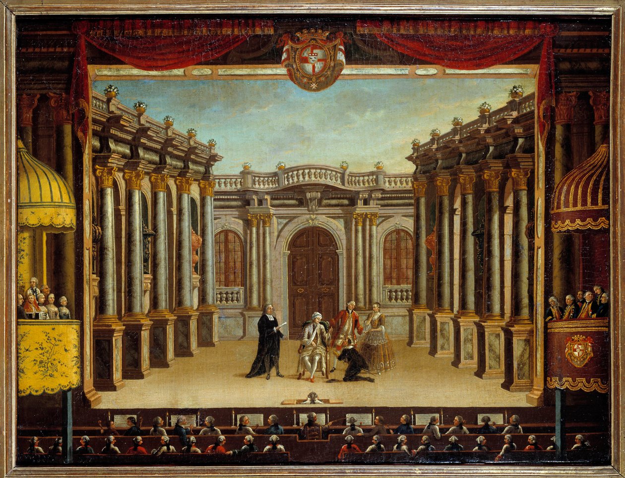 Representação do "Imaginário Malad" de Jean Baptiste Poquelin dit Moliere (1622-1673) no Teatro Minorca, Espanha; vista da cena. Pintura anônima de French School