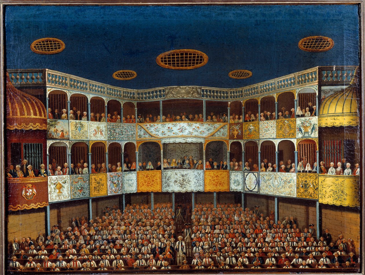 Representação do "Imaginário Malad" de Jean Baptiste Poquelin dit Moliere (1622-1673) no Teatro Minorca em Espanha; vista do salão e do público. Pintura do século XVIII. Paris, Artes Decorativas de French School