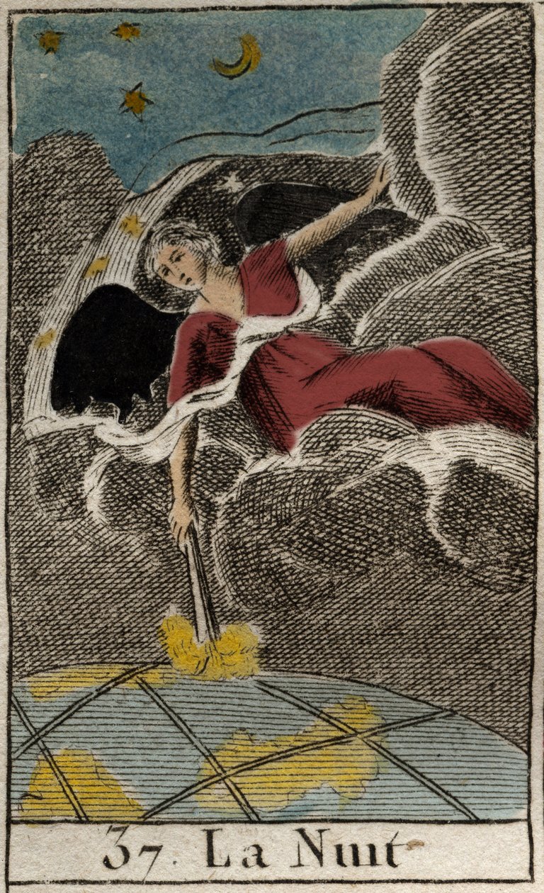 Representação da Noite (Nyx), deusa das Trevas. (Nyx (A Noite), deusa da escuridão). Da "Mitologia da Juventude", de Pierre Blanchard 1803. de French School