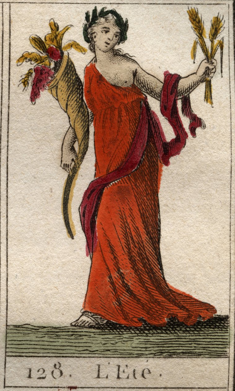 Representação da temporada de verão como Ceres segurando uma coroa de trigo e um chifre de abundância. (O Verão representado como Ceres segurando uma folha e uma cornucópia). Da "Mitologia da Juventude" de Pierre Blanchard 1803. de French School