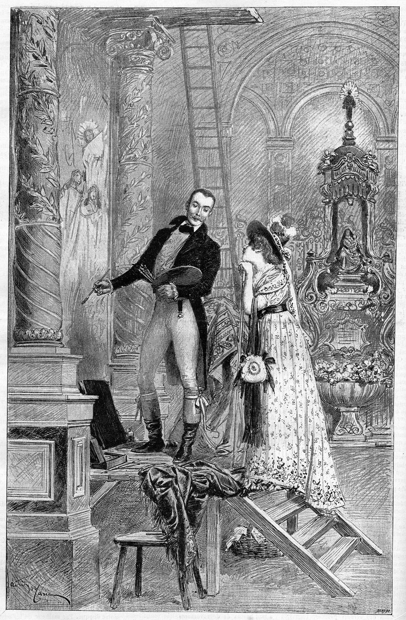 Representação da Tosca, drama de Victorian Sardou no Theatre de la Porte Saint Martin em 1887. Aqui ato 1, a Igreja de Santa Andrea com Dumeny e Henriette Rosine Bernard chamada Sarah Bernhardt (1844-1923) de French School
