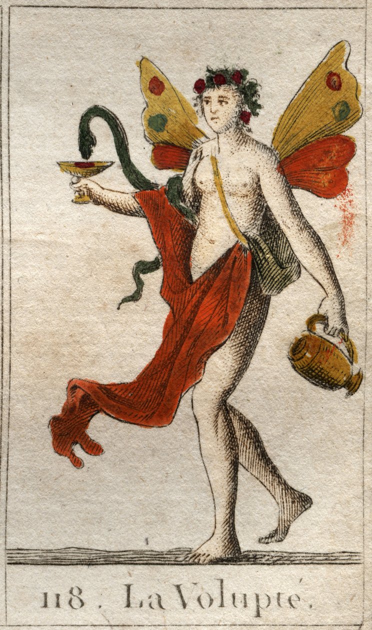 Representação do Volupte, mulher nua coroada de rosas, segura uma taça ou uma cobra desenha um delicioso licor. (A Voluptuosidade (prazer), como uma mulher nua, coroada de rosas, ela segura um copo onde uma cobra bebe um delicioso néctar). Do "Mythol de French School