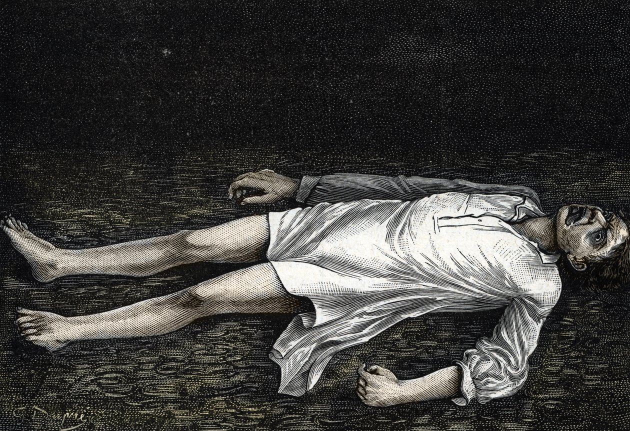 Representação da atitude de um homem durante um ataque de grande crise epiléptica maligna (gravura) de French School