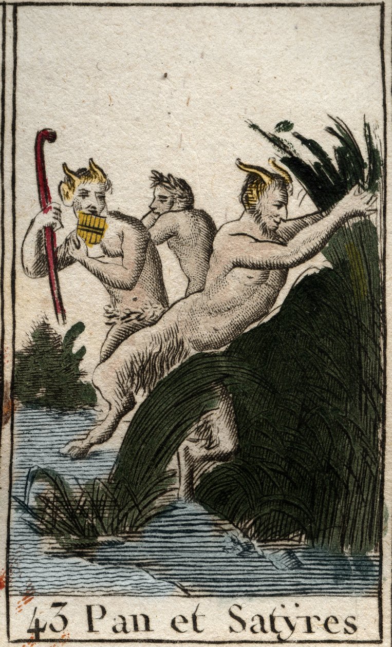 Representação do deus do campo Pan e satyres. Ele tem coxas peludas, pés de cabra, e toca flauta (Syrinx) tem vários canos. (O deus camponês Pan, representado com sátiros, tem pernas peludas e pés de cabra, toca syrinx ou flauta de pan) De "Mythologie de de French School