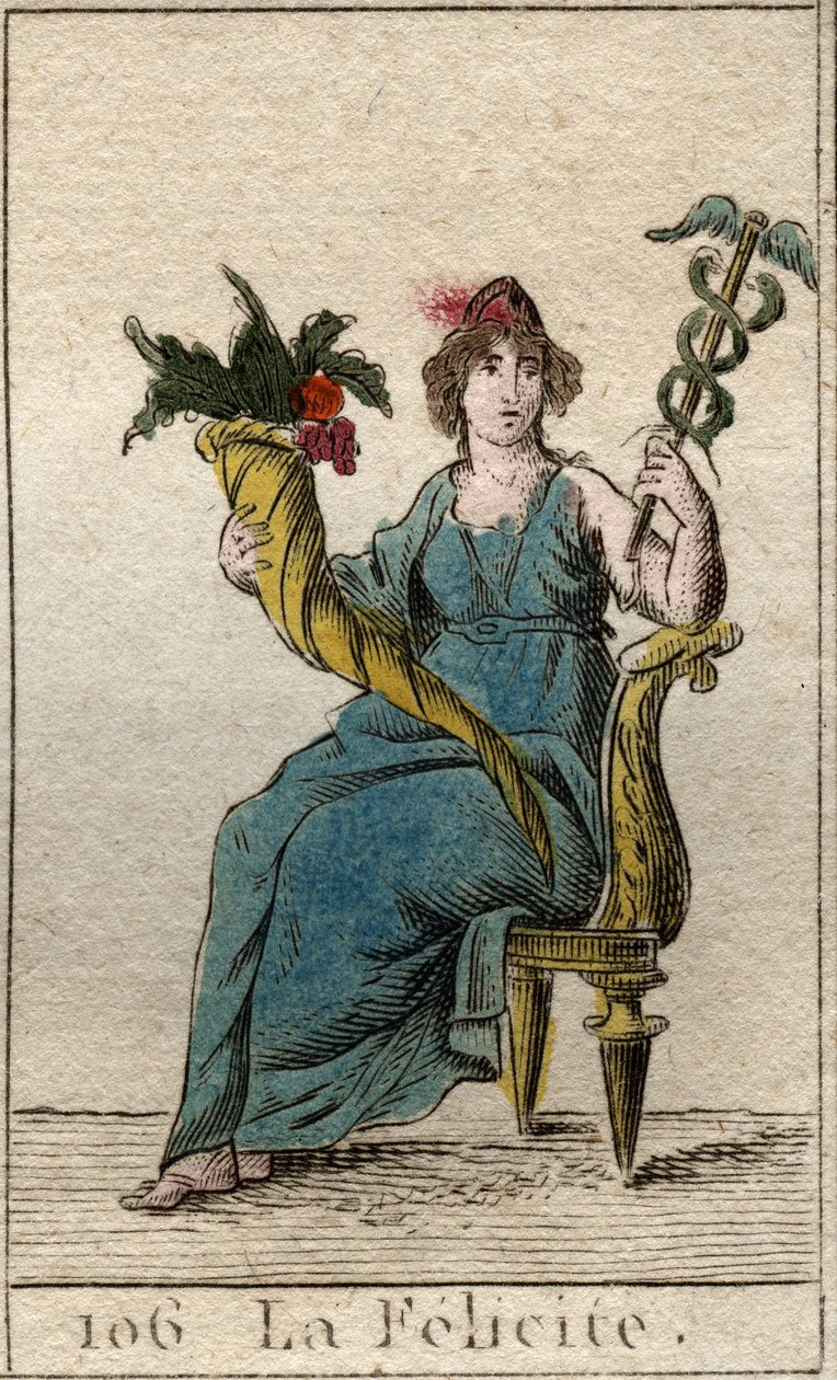 Representação da divindade da Felicidade (ou Eudemonia) segurando com uma mão um caduceu e a outra um corno de abundância (Representação da Felicidade (Felicidade), como uma mulher segurando um caduceu e uma cornucópia). Da "Mitologia da Juventude", de Pie de French School
