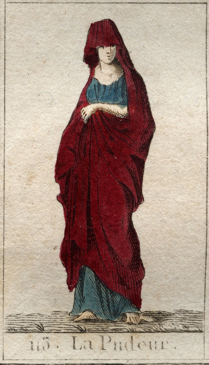 Representação da divindade da Modéstia, uma jovem mulher com o rosto coberto por um véu. (Representação da Prudishness, como uma mulher com o rosto coberto de véu). Da "Mitologia da Juventude", de Pierre Blanchard 1803. de French School