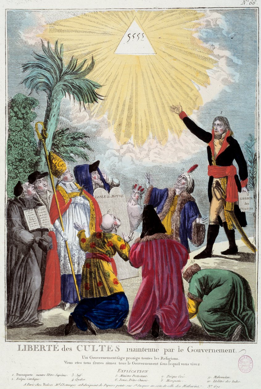 Representação da liberdade de culto de todas as religiões mantida por Napoleão Bonaparte (1769-1821): o primeiro cônsul indica o triângulo da Trindade simbolizando a vinda de Deus pelos representantes de cada religião: eveque católica, um judeu, um Quaker, de French School