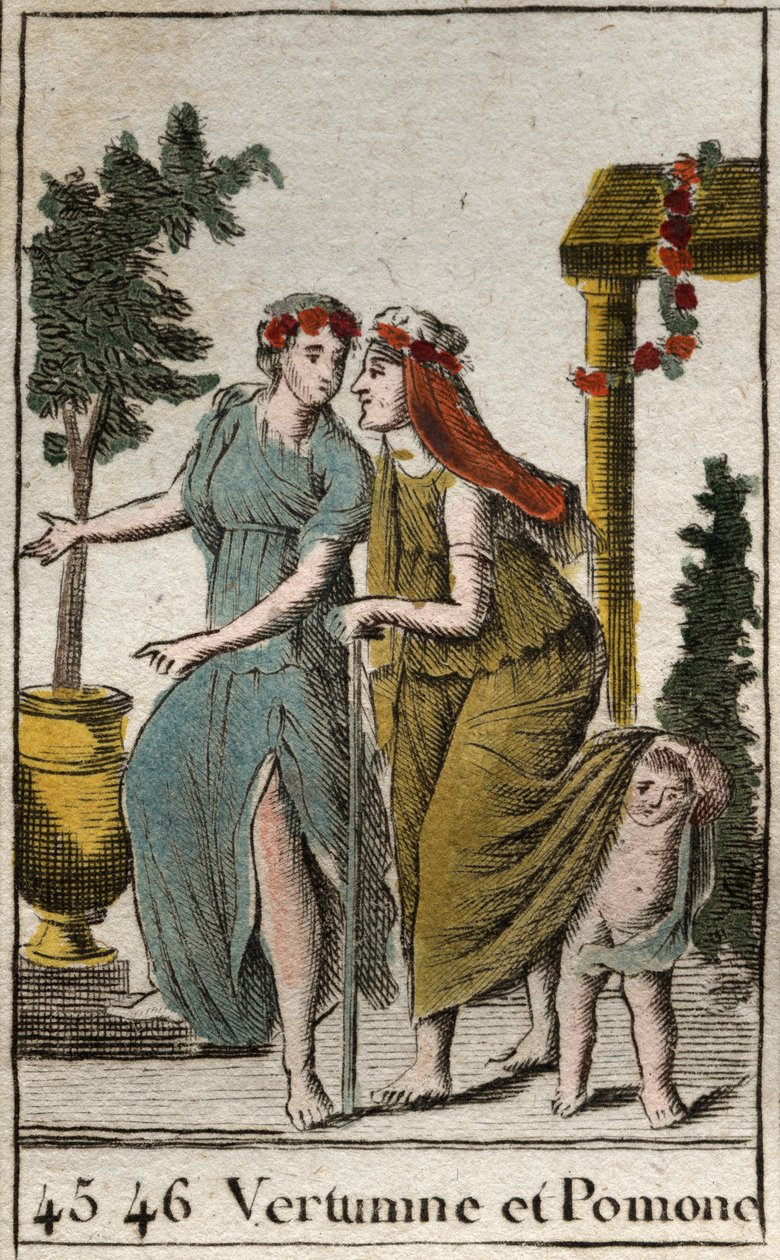 Representação do deus do Outono Vertumne e Pomonef, ninfa da fruta e da jardinagem. Vertumne tem o olhar de uma mulher velha para seduzir Pomone. (representação de Vertumne, deus do outono, com Pomona, deusa das frutas e dos jardins, trilha de Vertumne Pom de French School