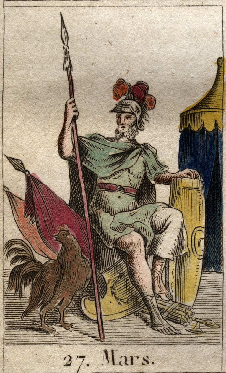 Representação do deus da guerra Marte, arma, perto de um galo. (O deus da guerra Marte armado com um garanhão). Da "Mitologia da Juventude", de Pierre Blanchard 1803. de French School
