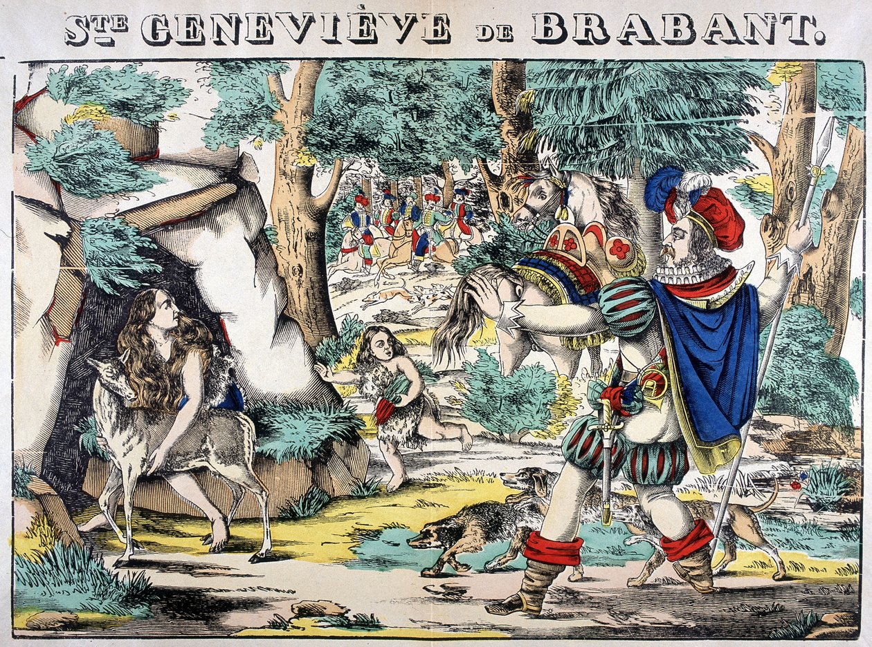 Representação da lenda de Santa Geneviève de Brabant. Cena do encontro entre Genevieve abandonada no bosque e seu marido. Retrato de Epinal de French School