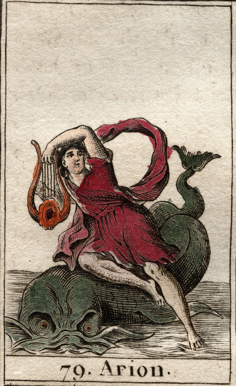 Representação do lendário poeta grego Arion de Methymne, encantador de golfinhos pelo seu cítara (Representação de Arion, poeta grego encantando os golfinhos pelo seu cítara). Da "Mitologia da Juventude", de Pierre Blanchard 1803. de French School