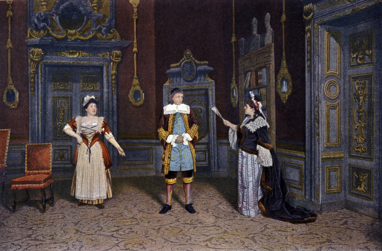 Representação da peça "Les femmes savantes" de Jean Baptiste Poquelin dit Moliere (1622-1673) na Comedie francaise, cerca de 1885-1890. Da esquerda para a direita: Sra. Rachel Boyer, Sr. Leloir, Sra. Blanche Pierson... de French School