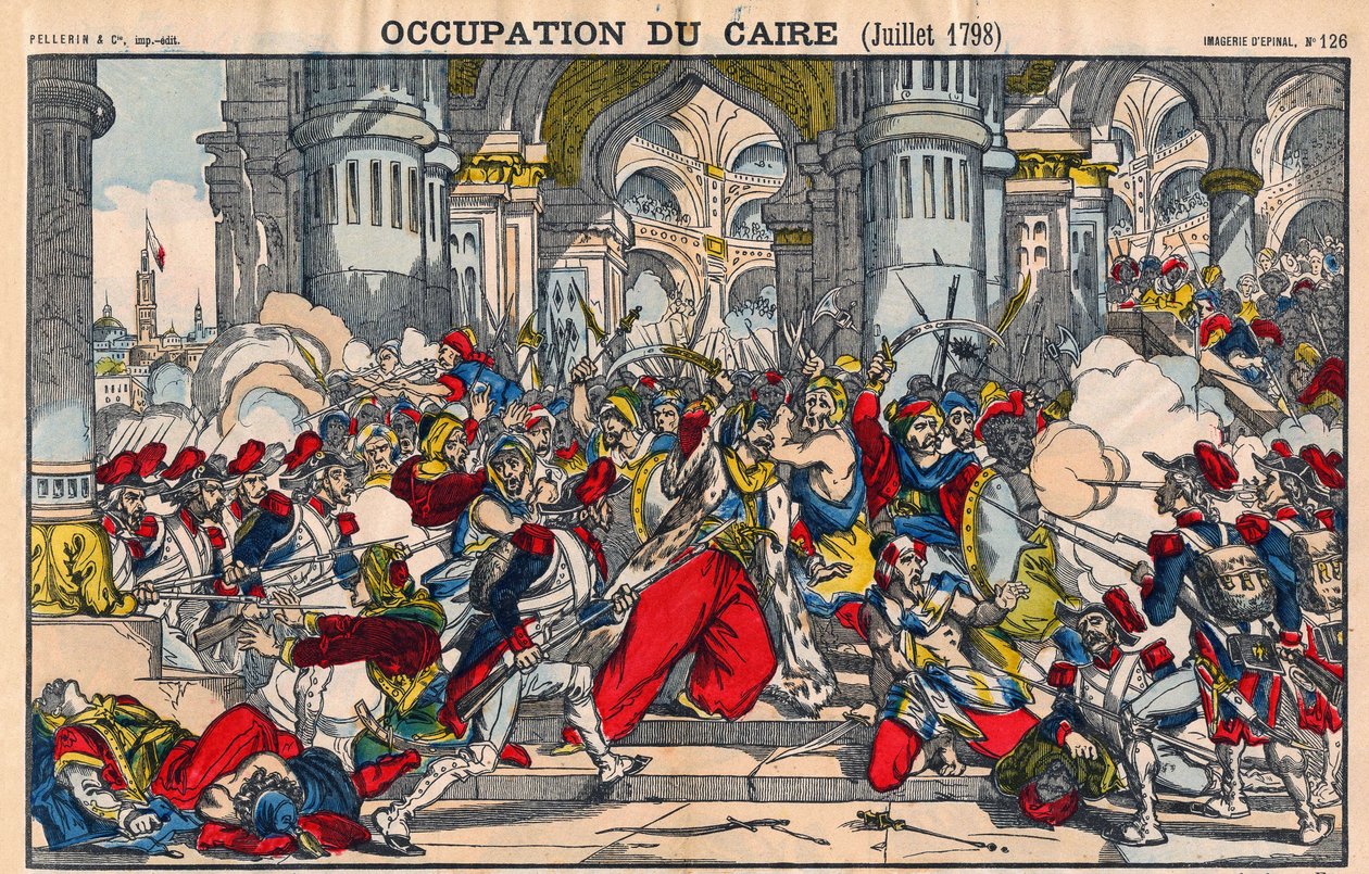 Representação da revolta dos habitantes do Cairo contra a ocupação francesa liderada por Bonaparte em 21 de outubro de 1798. Imagem epinal de French School